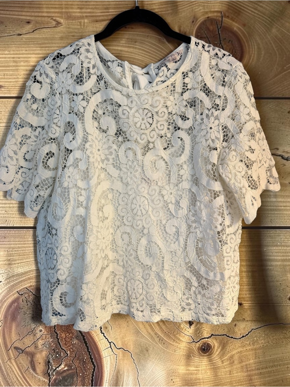 Nanette Lepore White Crochet Lace Top M Lined Bow Back Boho Romantic